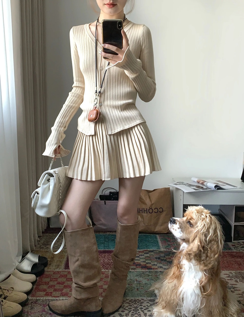 Khaki skirt slim sweater 2pcs set for women