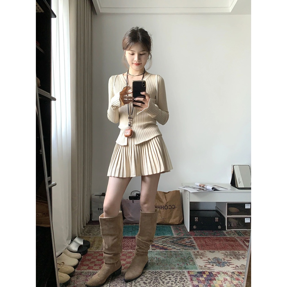 Khaki skirt slim sweater 2pcs set for women