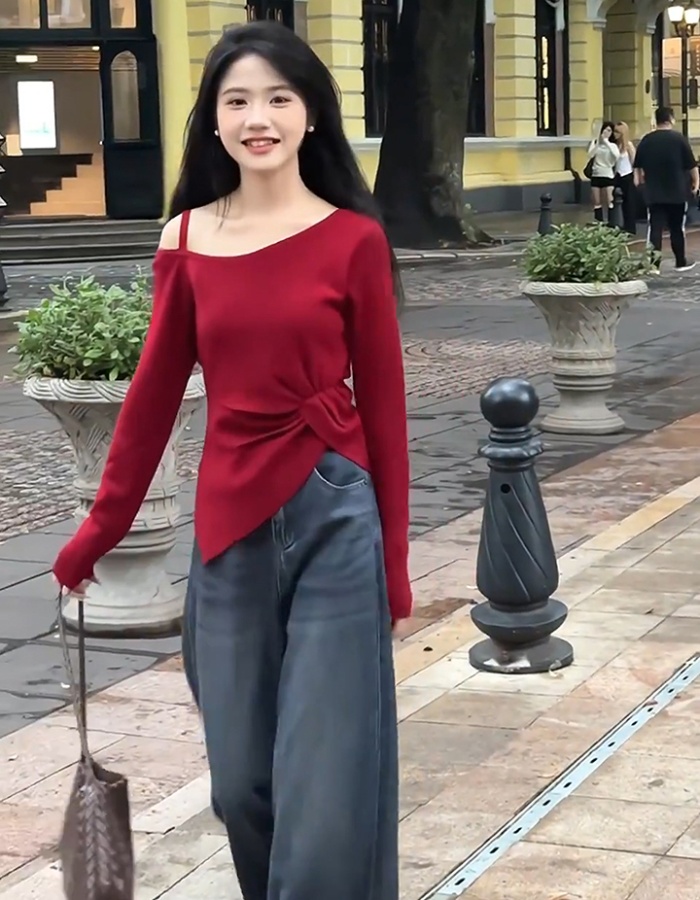 Strapless long sleeve oblique collar tops for women