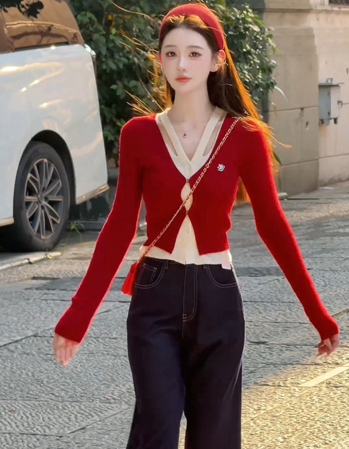 Mixed colors heart Pseudo-two sweater