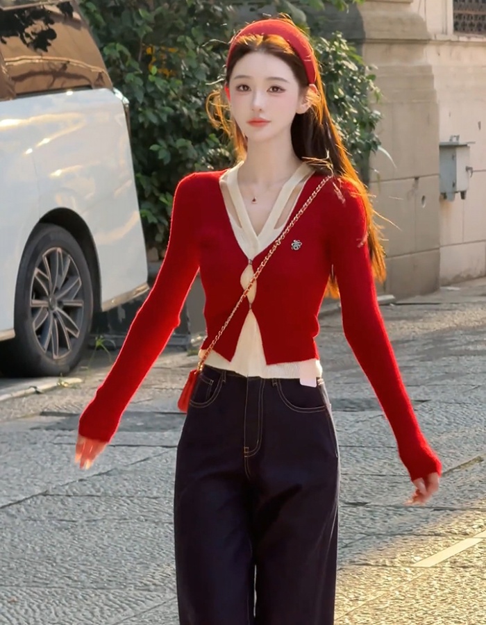 Mixed colors heart Pseudo-two sweater