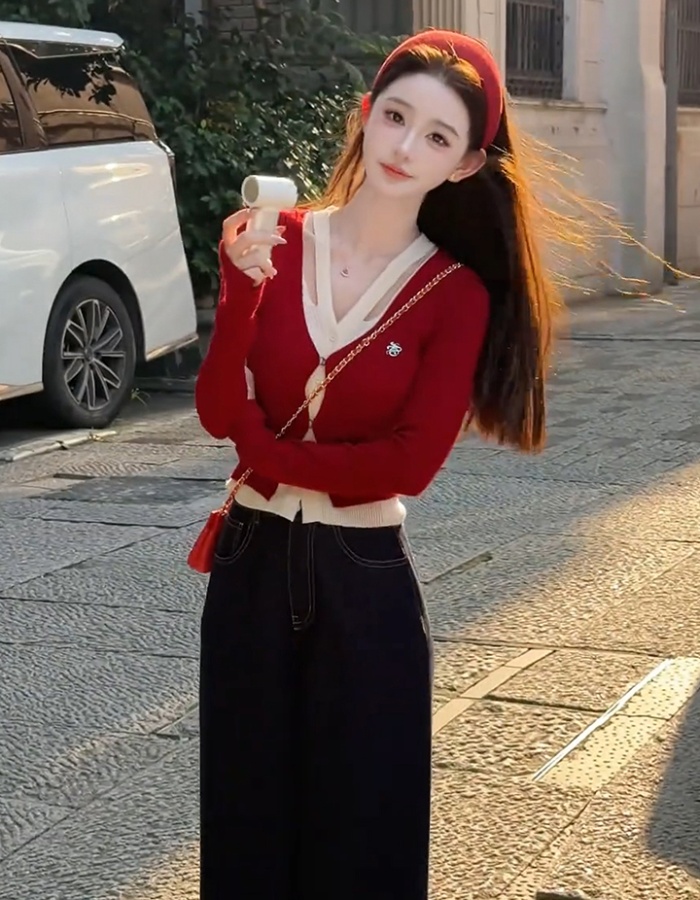 Mixed colors heart Pseudo-two sweater