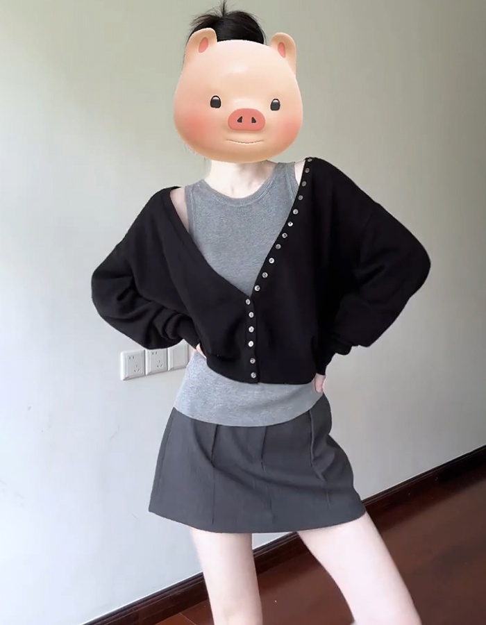 Autumn long sleeve tops short sling sweater 2pcs set