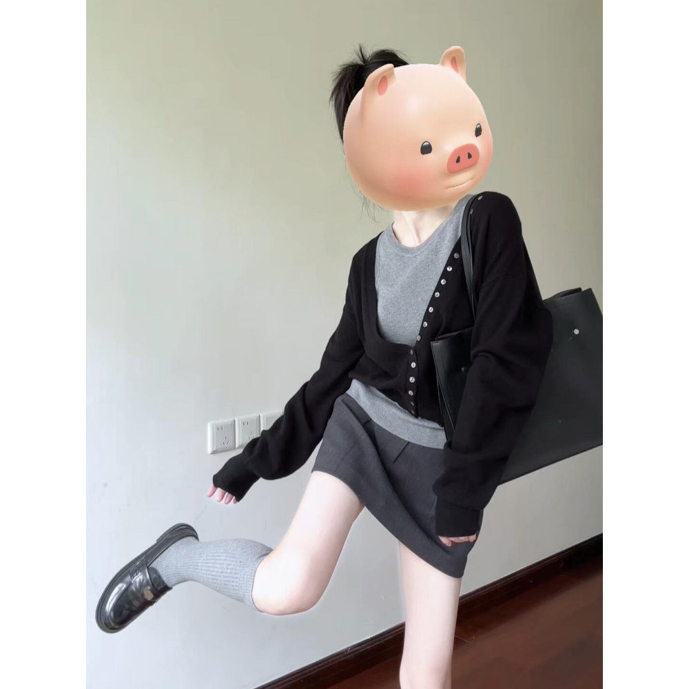 Autumn long sleeve tops short sling sweater 2pcs set