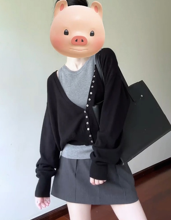 Autumn long sleeve tops short sling sweater 2pcs set