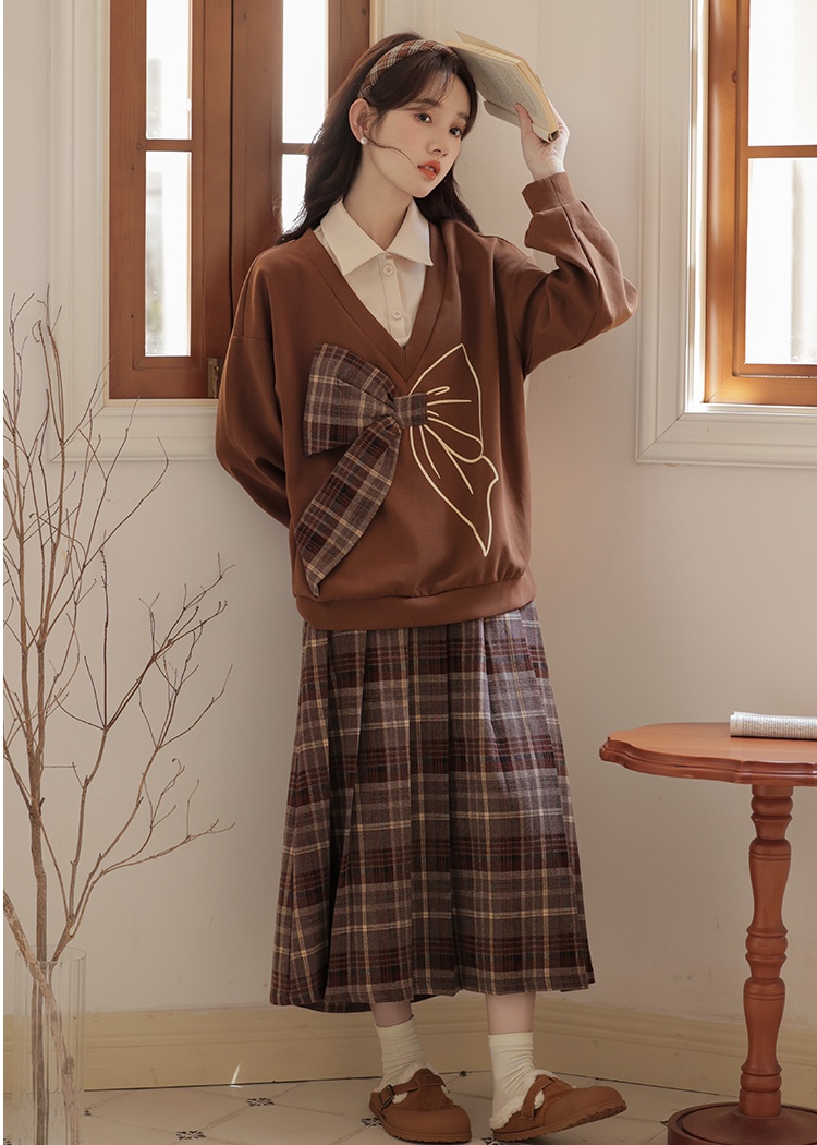 Korean style college style skirt plaid hoodie 2pcs set