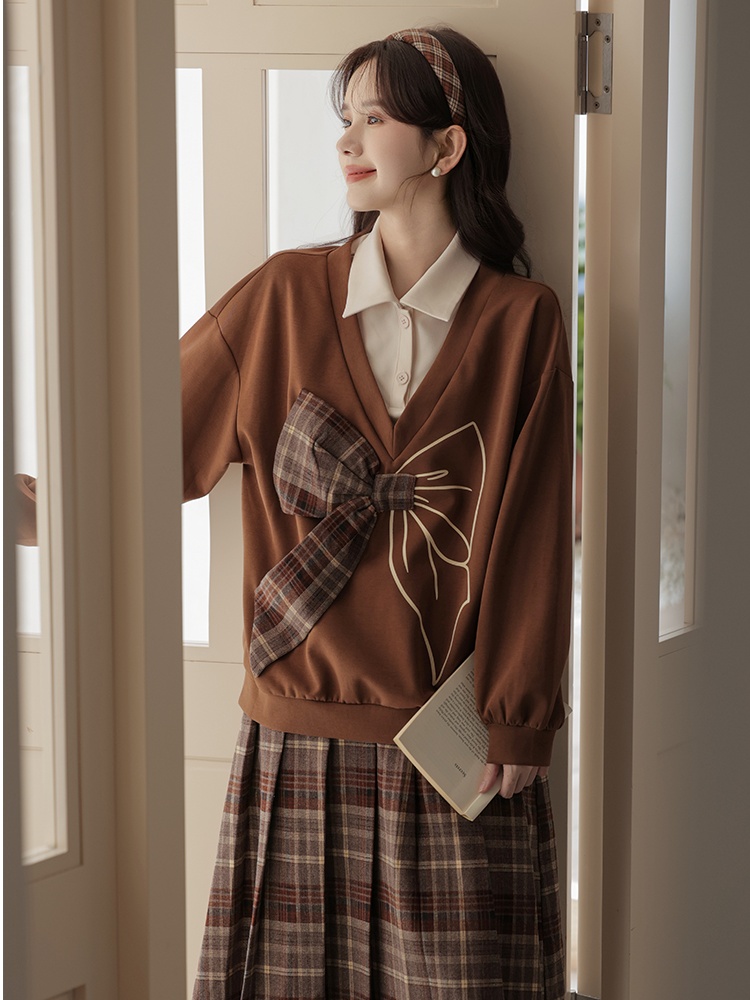 Korean style college style skirt plaid hoodie 2pcs set