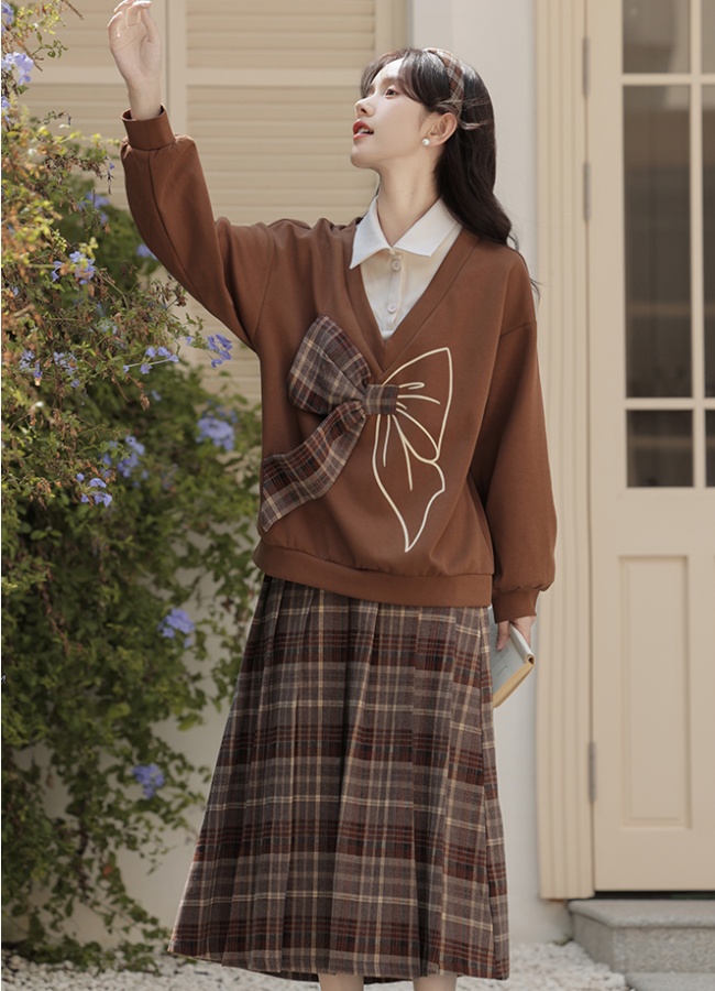 Korean style college style skirt plaid hoodie 2pcs set