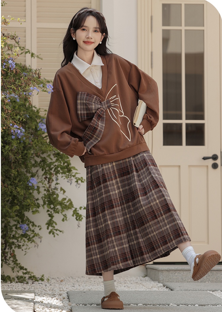 Korean style college style skirt plaid hoodie 2pcs set