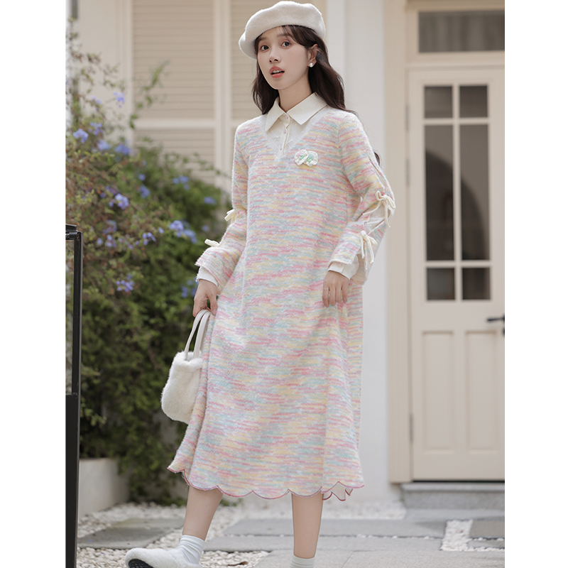 Petal knitted temperament Pseudo-two colors sweet dress