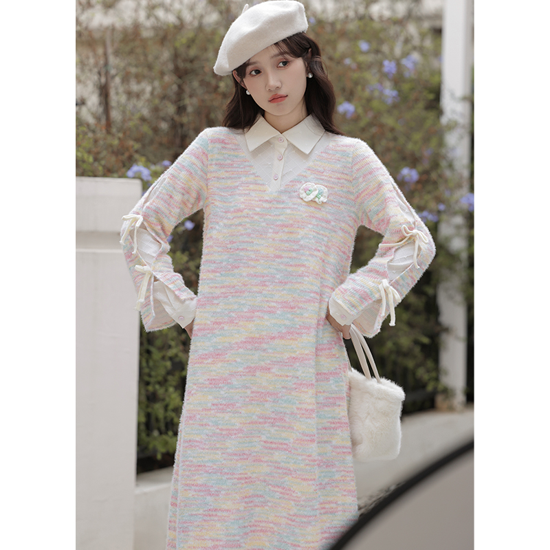 Petal knitted temperament Pseudo-two colors sweet dress
