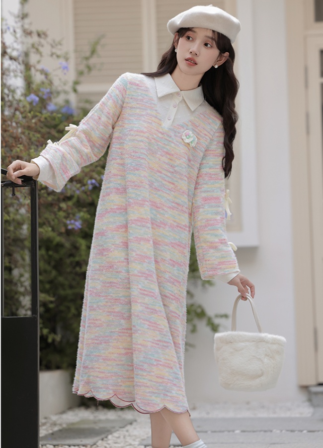 Petal knitted temperament Pseudo-two colors sweet dress