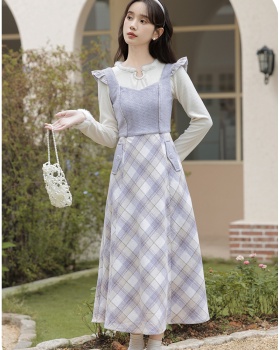 Tender woolen dress France style plaid sweater 2pcs set
