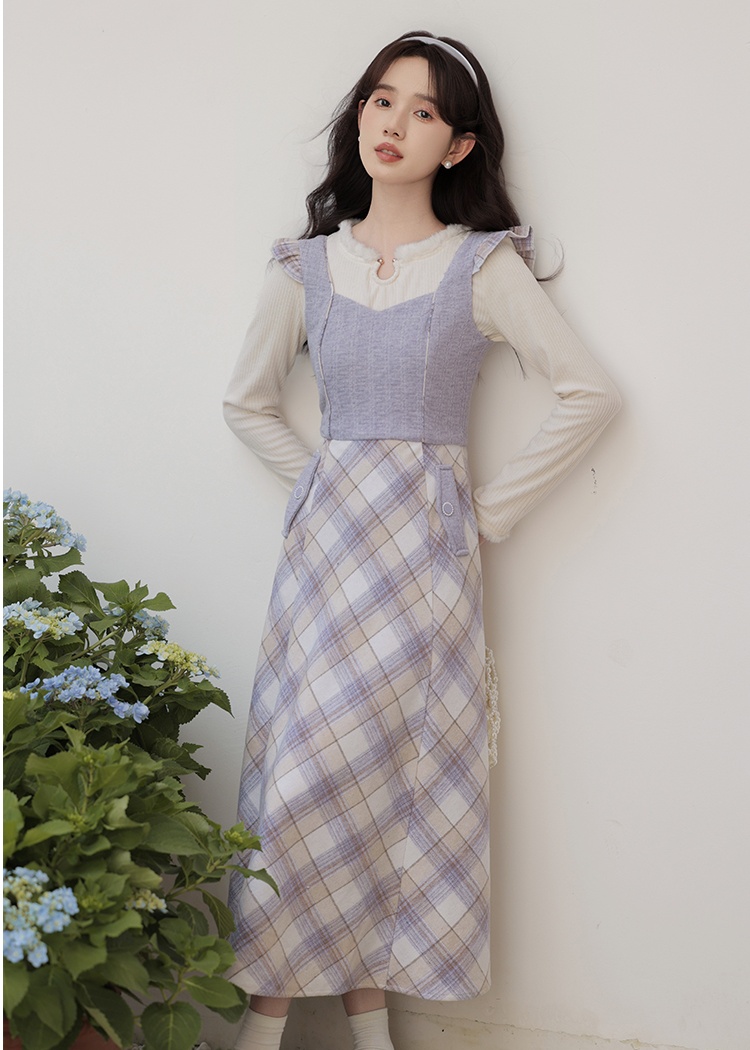 Tender woolen dress France style plaid sweater 2pcs set