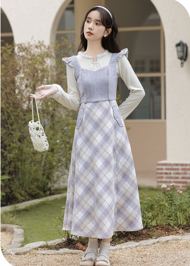 Tender woolen dress France style plaid sweater 2pcs set