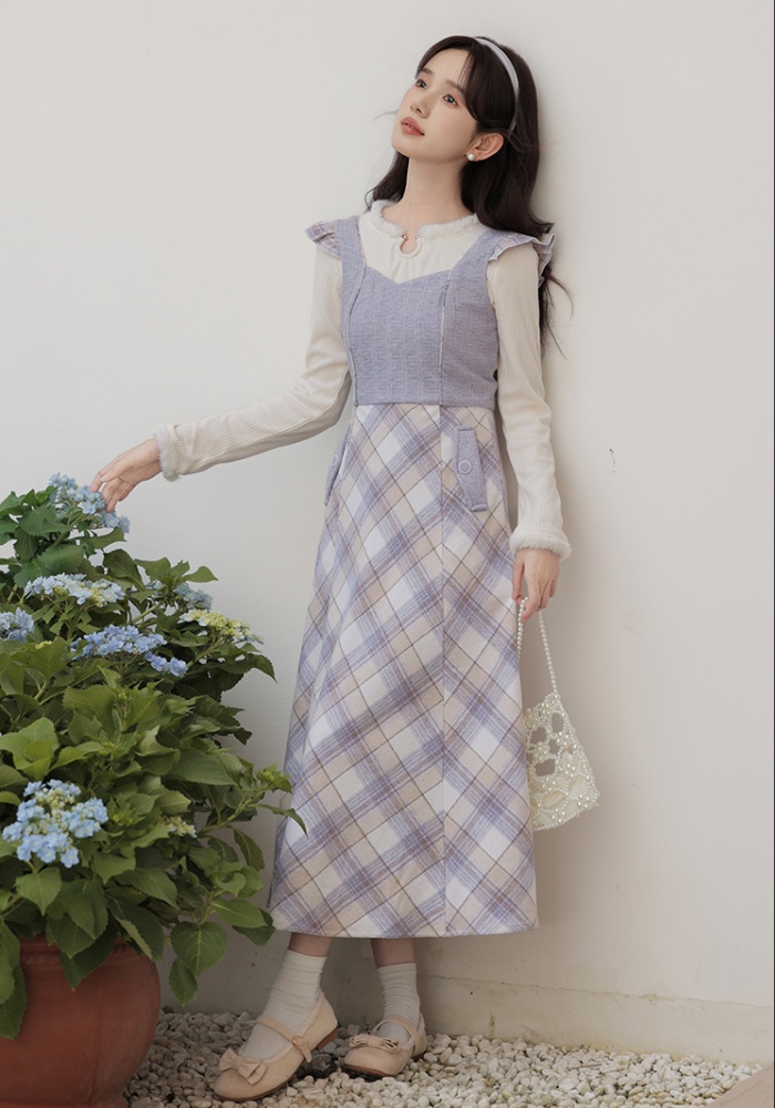 Tender woolen dress France style plaid sweater 2pcs set