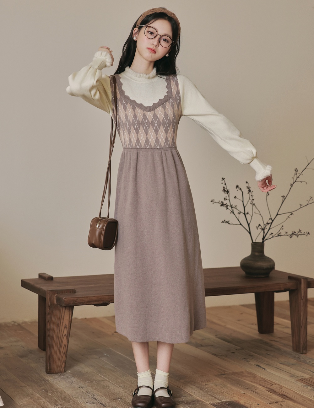 Autumn sweater dress Pseudo-two sleeveless dress