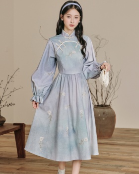 Blue printing Chinese style dress long sleeve retro cheongsam