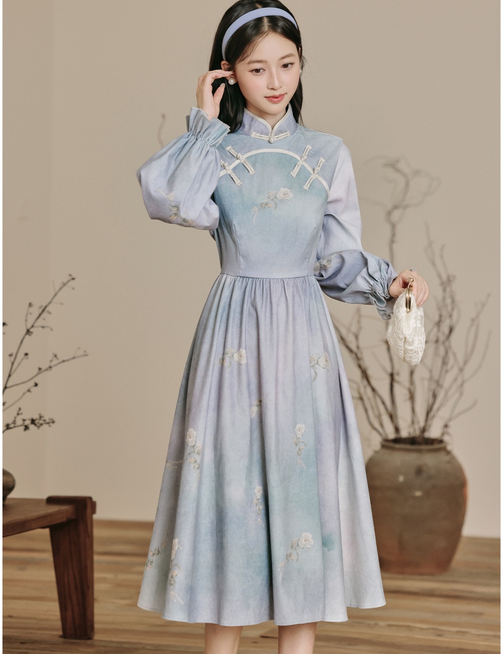 Blue printing Chinese style dress long sleeve retro cheongsam