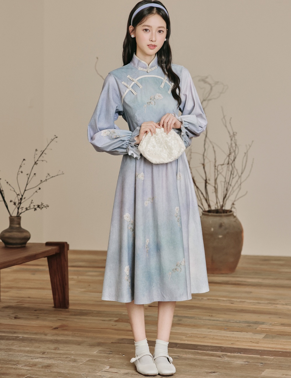 Blue printing Chinese style dress long sleeve retro cheongsam