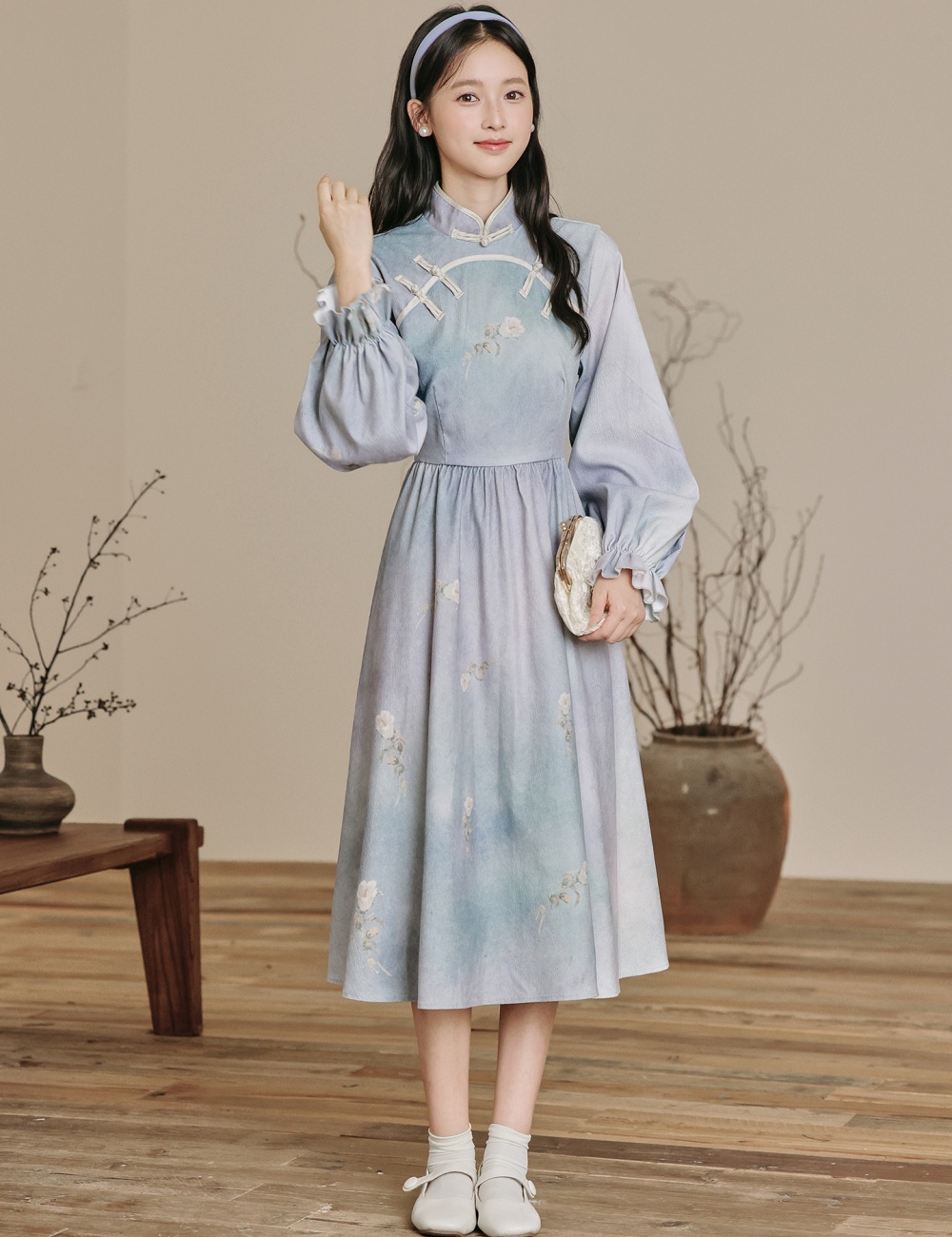 Blue printing Chinese style dress long sleeve retro cheongsam