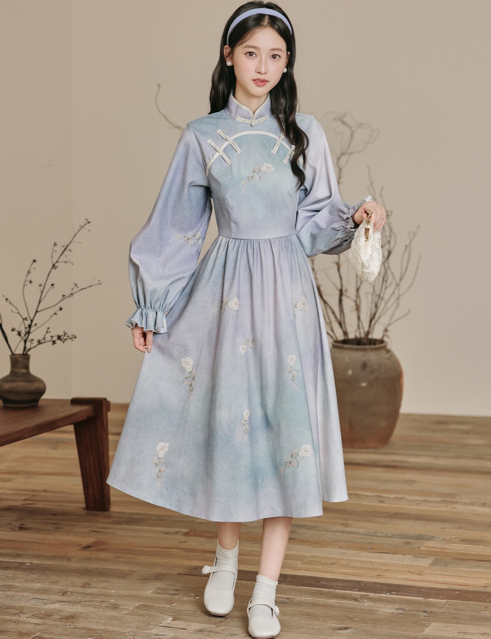 Blue printing Chinese style dress long sleeve retro cheongsam