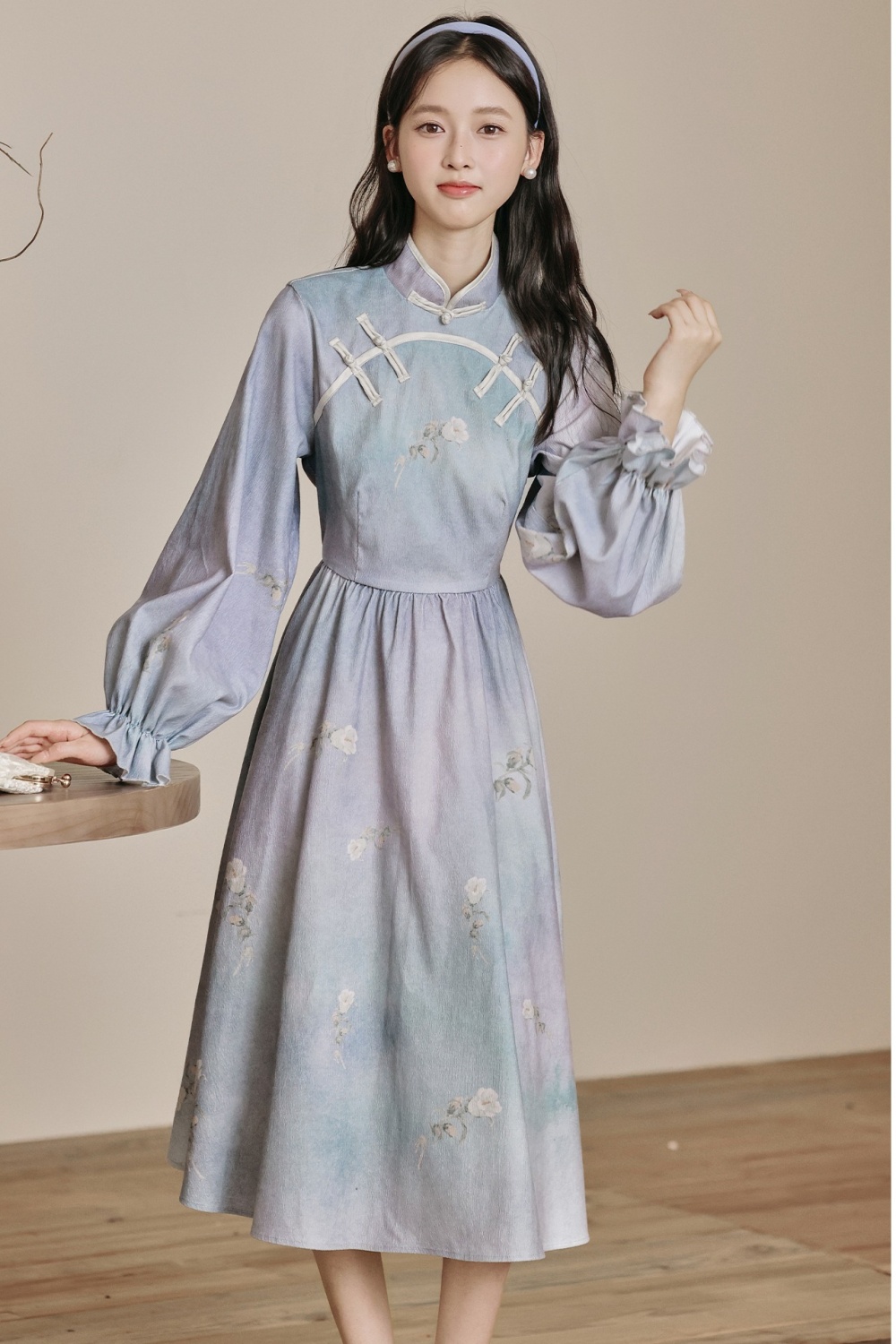 Blue printing Chinese style dress long sleeve retro cheongsam