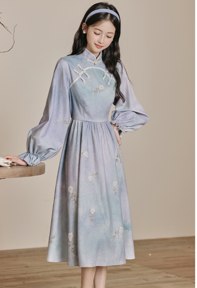 Blue printing Chinese style dress long sleeve retro cheongsam