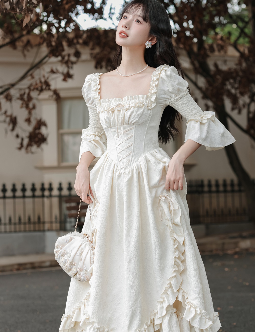 France style retro angel white dress a set