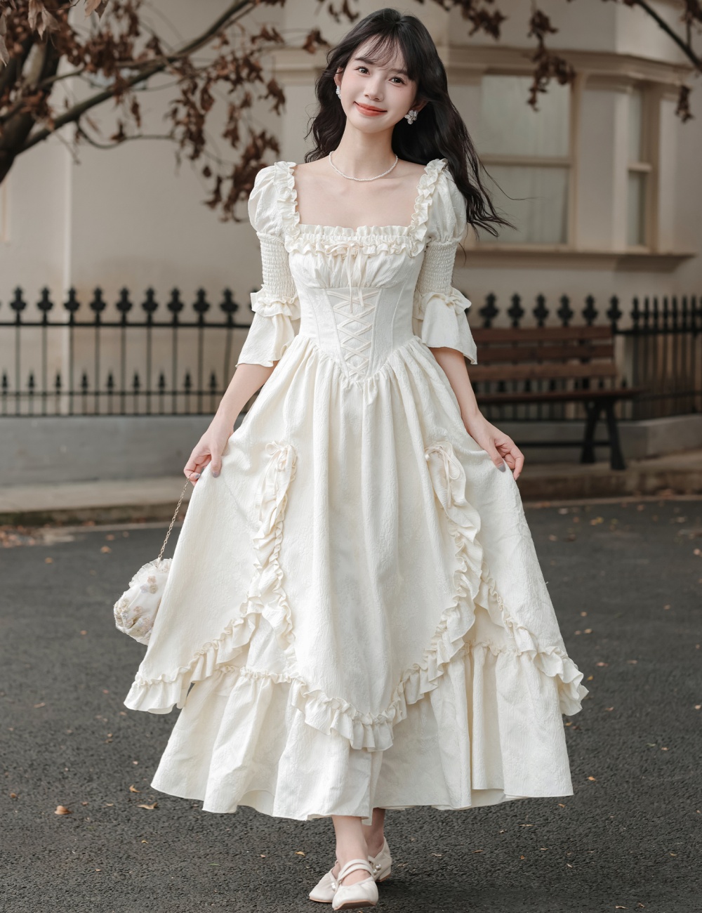 France style retro angel white dress a set