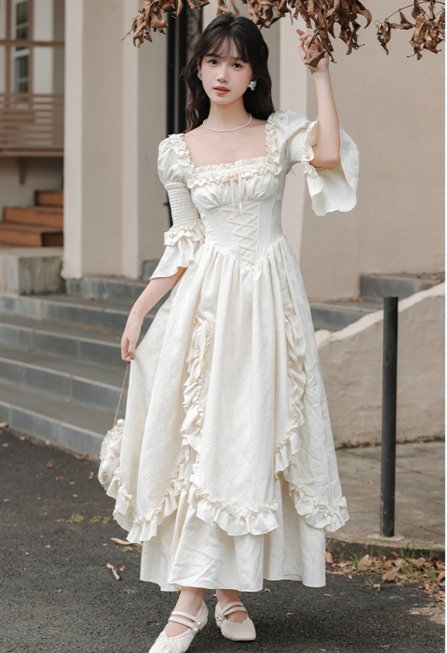France style retro angel white dress a set