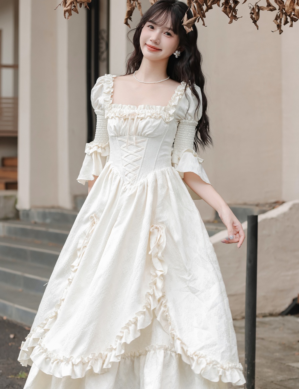 France style retro angel white dress a set