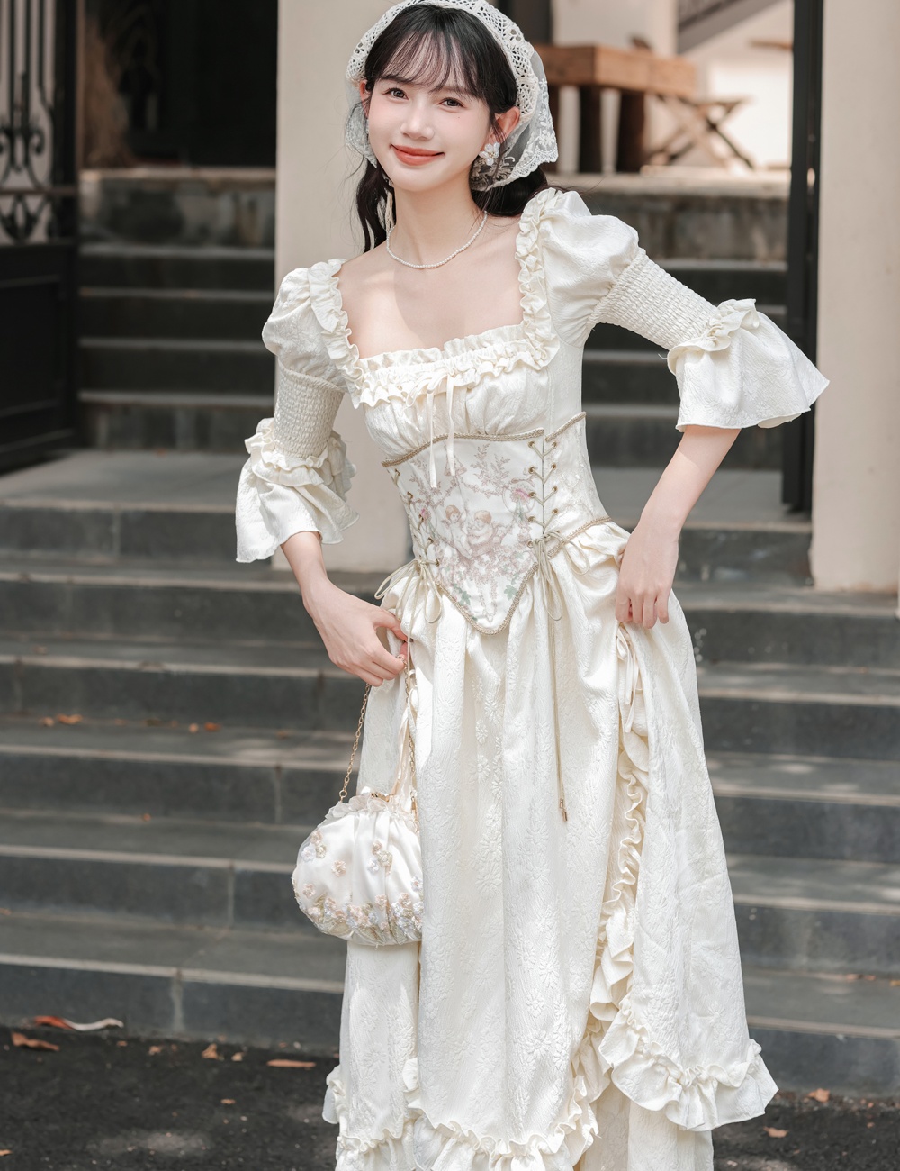 Angel white France style retro autumn dress a set