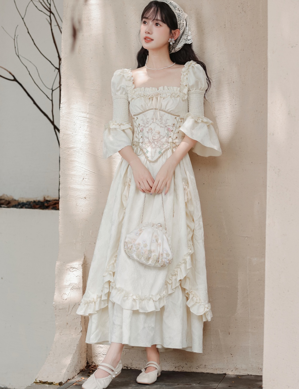 Angel white France style retro autumn dress a set