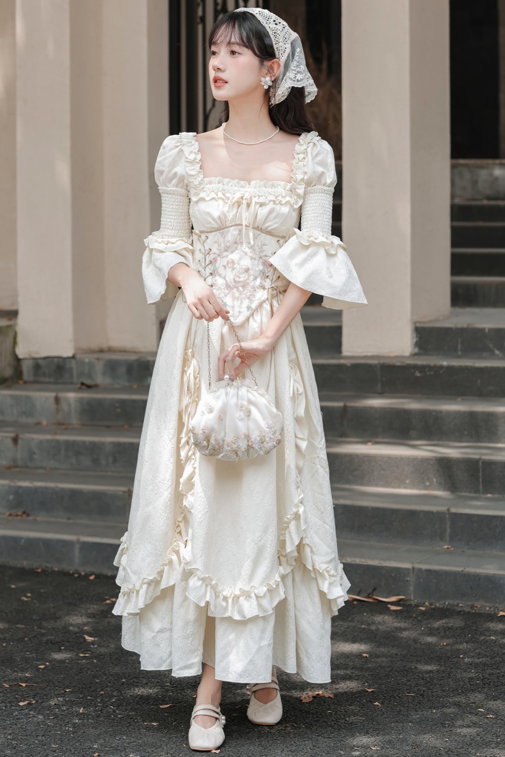 Angel white France style retro autumn dress a set
