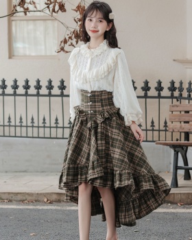 Plaid lantern sleeve shirt thick short skirt a set