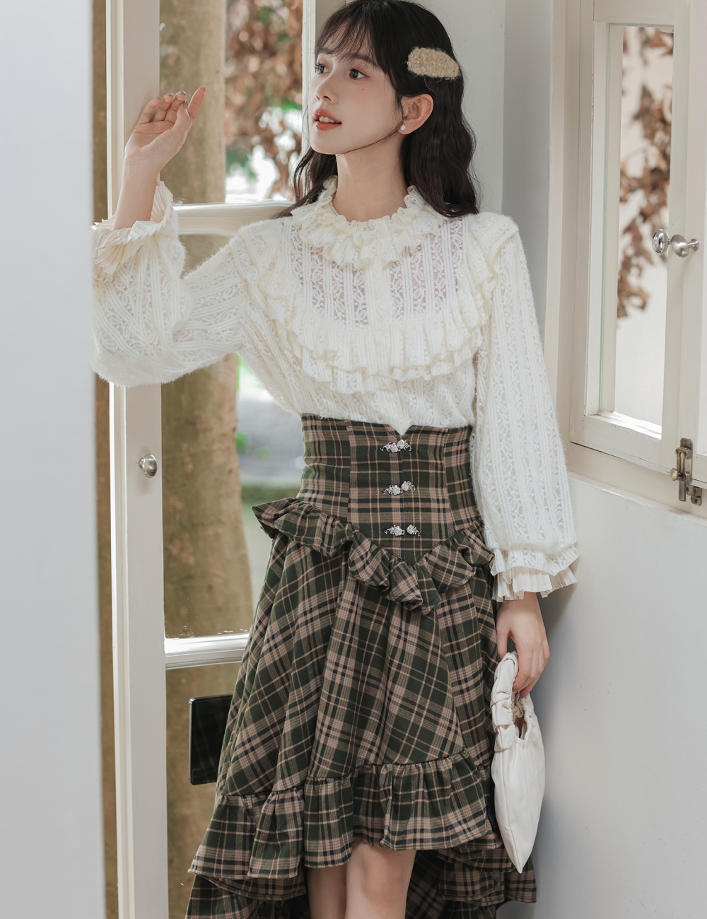 Plaid lantern sleeve shirt thick short skirt a set