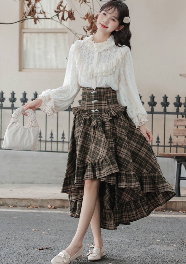 Plaid lantern sleeve shirt thick short skirt a set