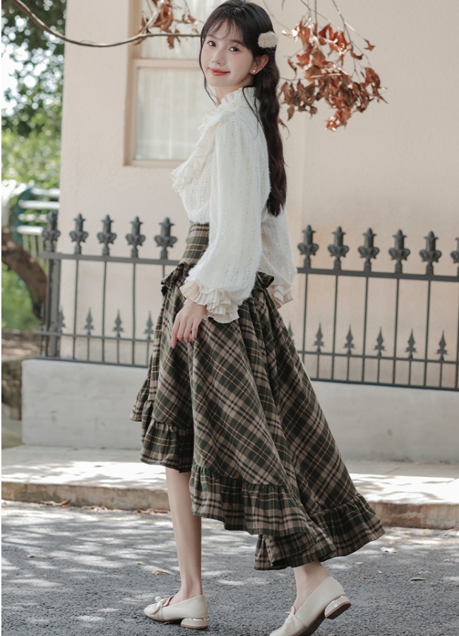 Plaid lantern sleeve shirt thick short skirt a set
