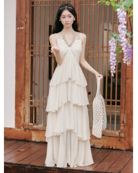 Retro temperament sling slim halter cake long dress for women