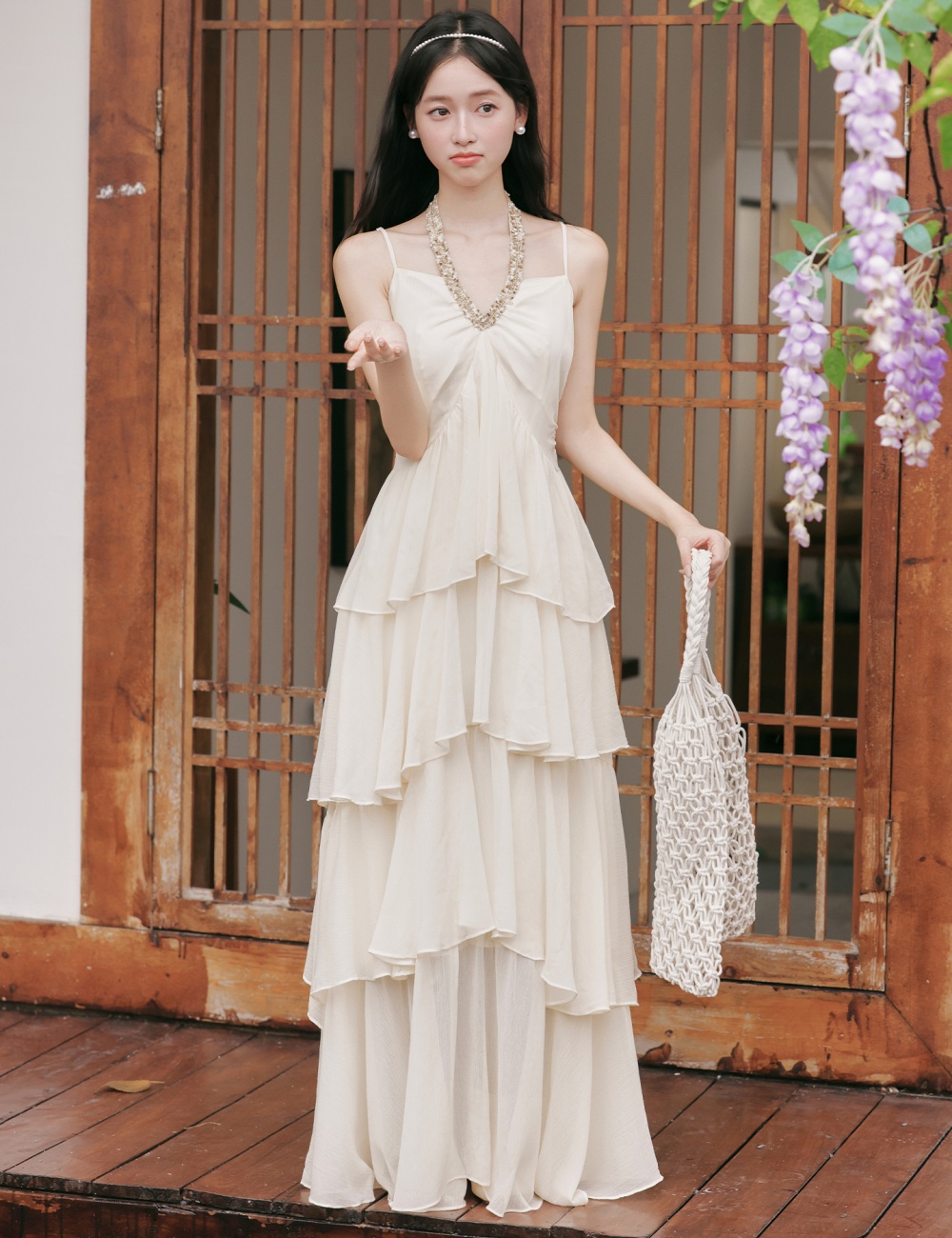 Retro temperament sling slim halter cake long dress for women