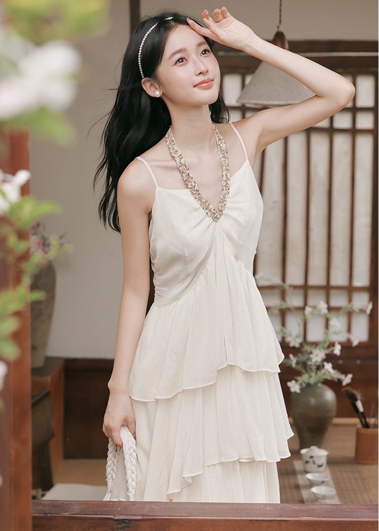 Retro temperament sling slim halter cake long dress for women