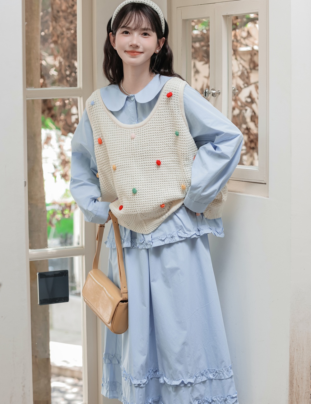 Niche short skirt college style shirt 3pcs set
