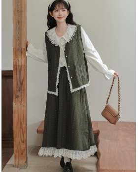 Autumn lace short skirt art slim waistcoat 3pcs set