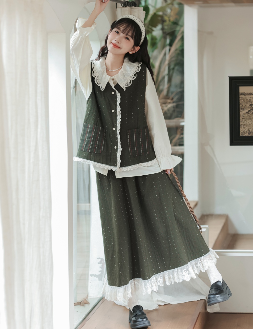 Autumn lace short skirt art slim waistcoat 3pcs set