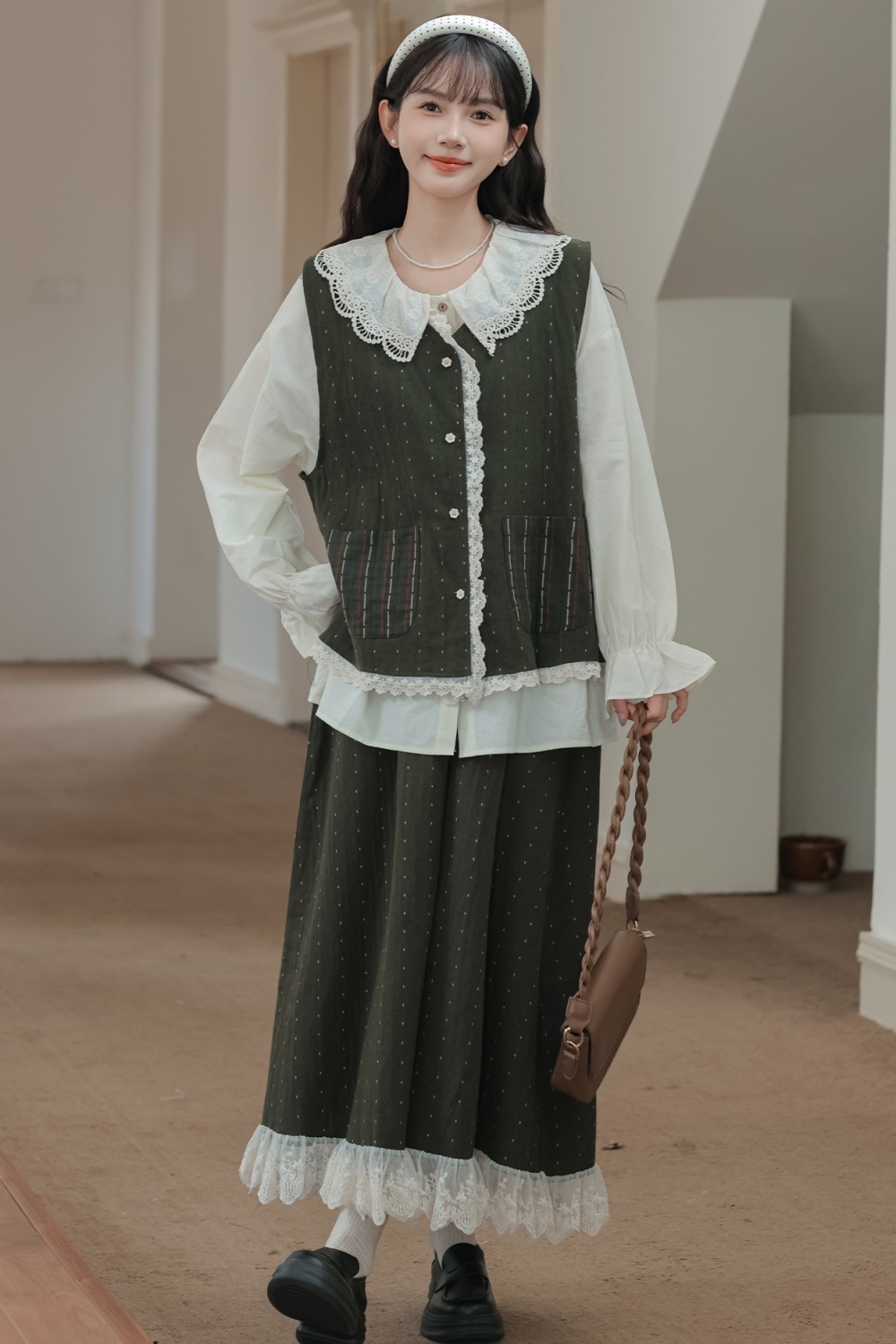 Autumn lace short skirt art slim waistcoat 3pcs set