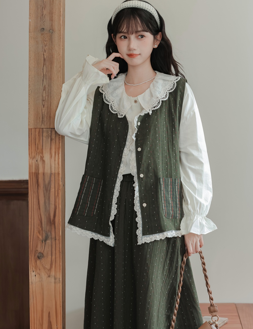 Autumn lace short skirt art slim waistcoat 3pcs set