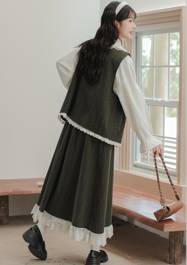 Autumn lace short skirt art slim waistcoat 3pcs set