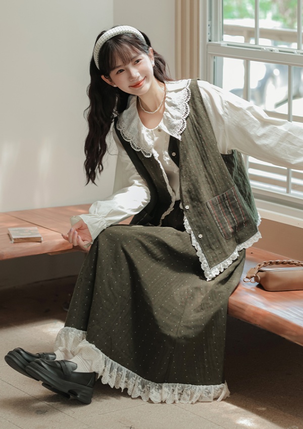 Autumn lace short skirt art slim waistcoat 3pcs set