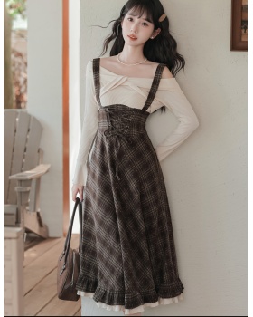 Plaid retro long dress art autumn dress for women